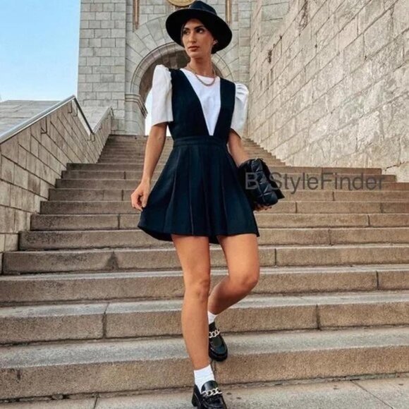 Zara Box Pleat Pinafore Dress Black - Picture 2 of 11